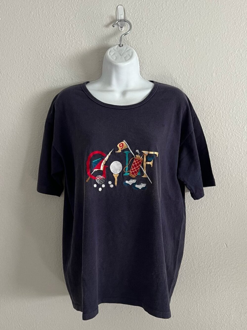 Vintage Navy Blue Golf Embroidered T-Shirt Sports Novelty Size L